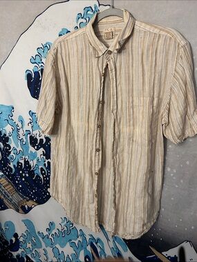 Jos. A. Bank Beige and Cream Striped Short-Sleeve Button-Down Shirt